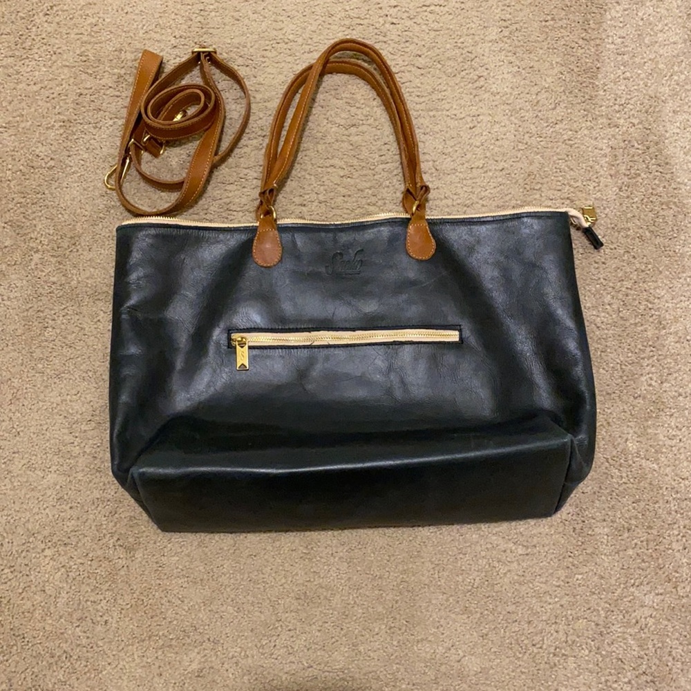 Zip-top Shopper Tote in Black & Caramel
